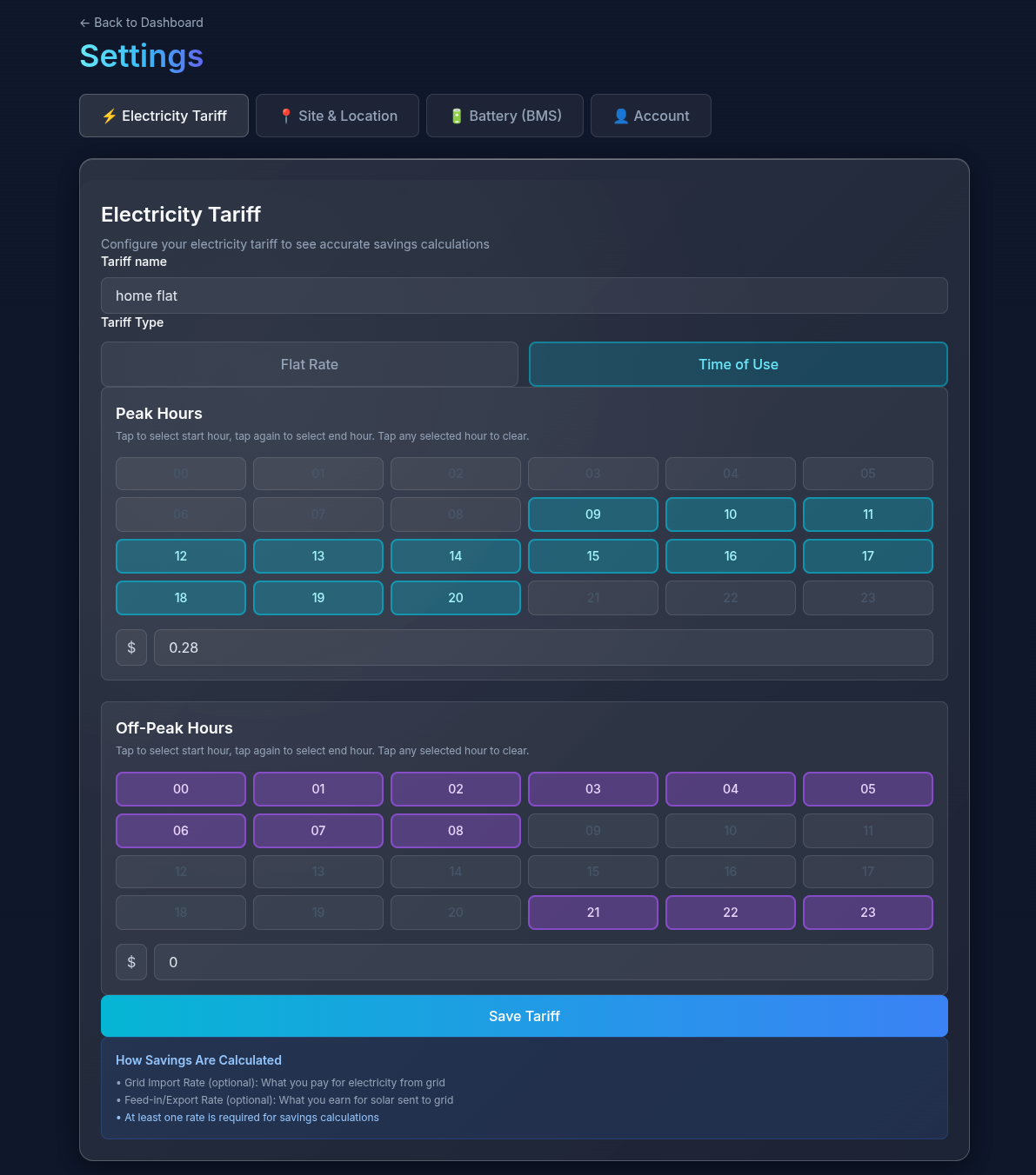 Electricity tariff configuration